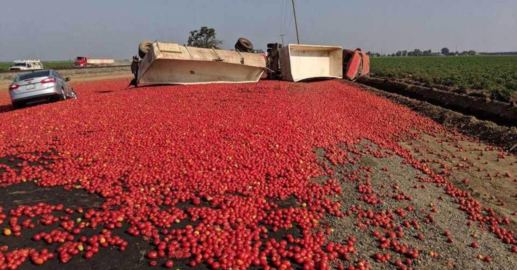 A truck carrying tomatoes overturned