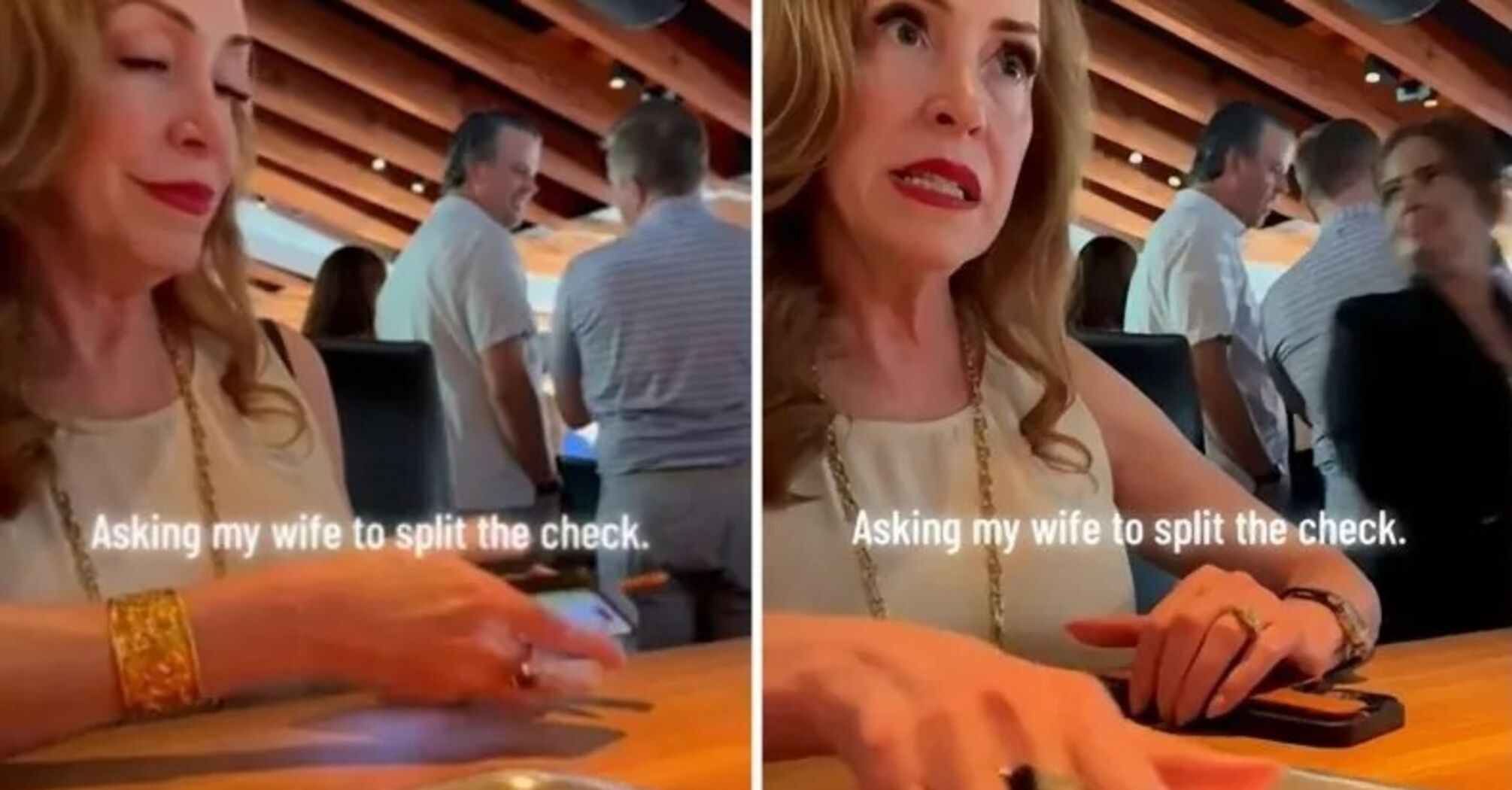 Laughter at Woman's Reaction When Wife Asks to Split Bill