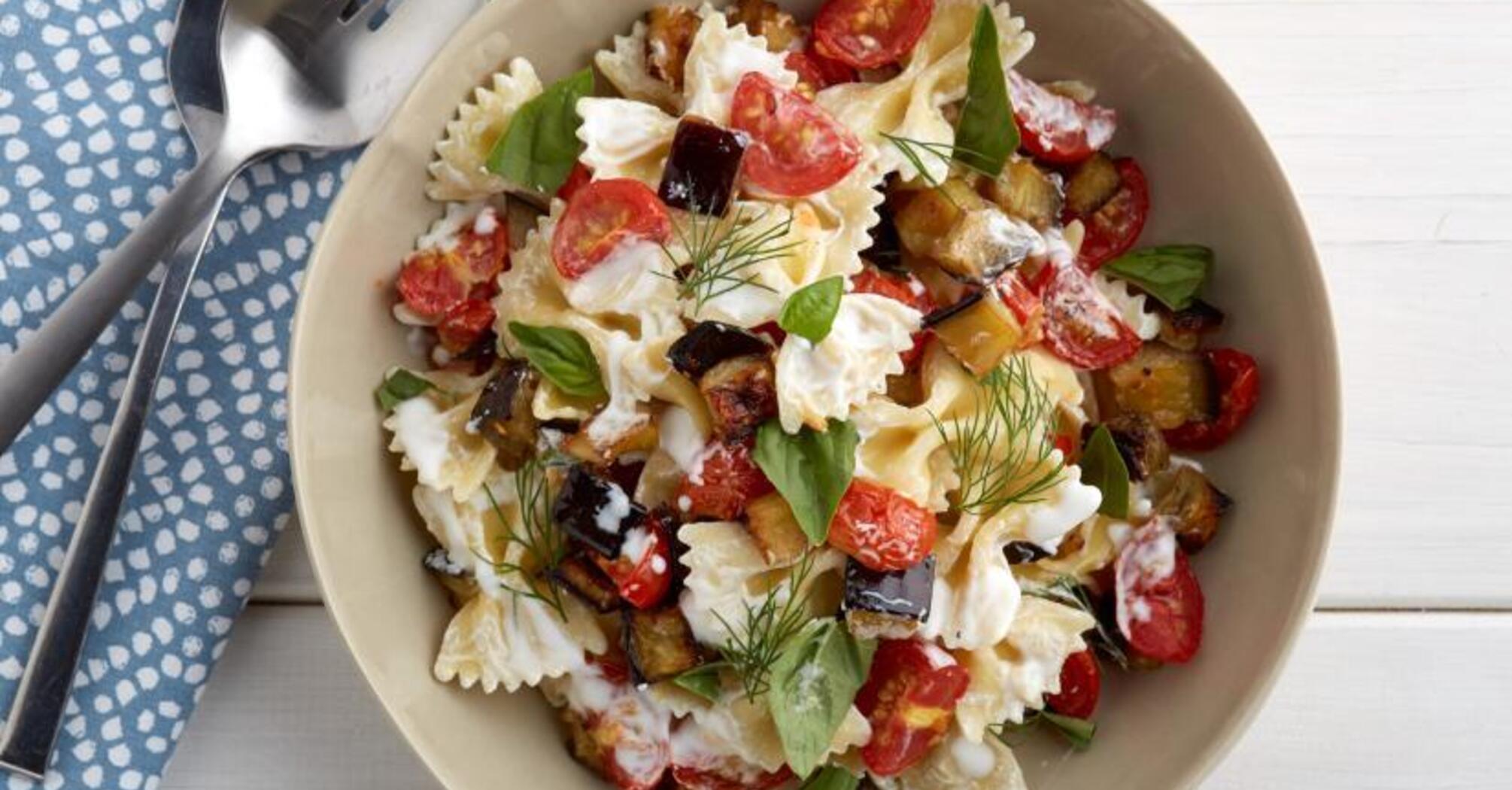 Farfalle with Eggplant Yogurt Sauce