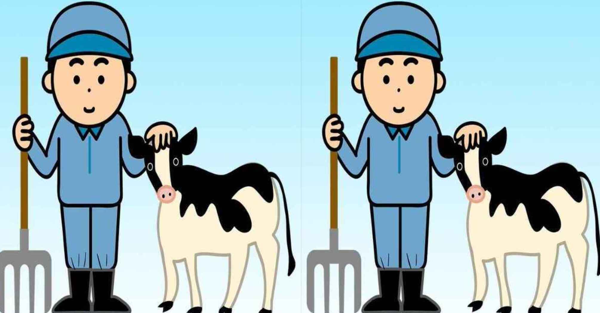 Can you find 3 differences between the farmer and his cow pictures?